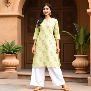 Elegant Green Kurta with White Palazzos Traditional Floral Kurta Set