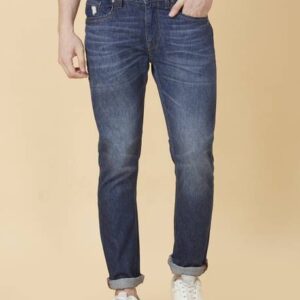 Men Slim Mid Rise Dark Blue Jeans