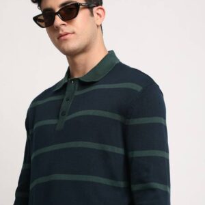 Men Striped Polo Neck Pure Cotton Green T-Shirt