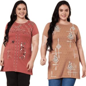 Pack of 2 Women Printed Round Neck Cotton Blend Orange,...