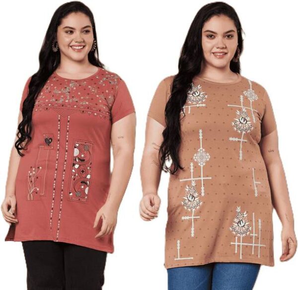 Pack of 2 Women Printed Round Neck Cotton Blend Orange,...