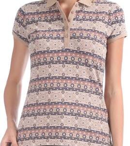 Women Printed Polo Neck Cotton Blend Brown T-Shirt