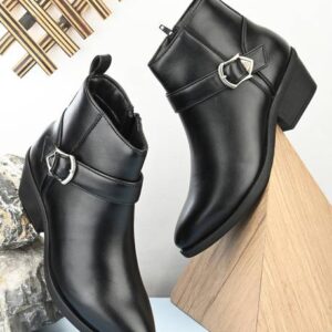 Black Pointed Toe Buckle Closure Boots For Women