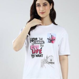 Women Printed Round Neck Reversible Cotton Blend White ...