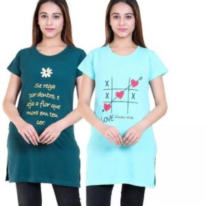 Pack of 2 Women Printed Round Neck Cotton Blend Light B...