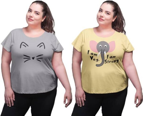 Pack of 2 Women Printed, Graphic Print, Typography Round Neck Pure Cotton Grey, Yellow T-Shirt