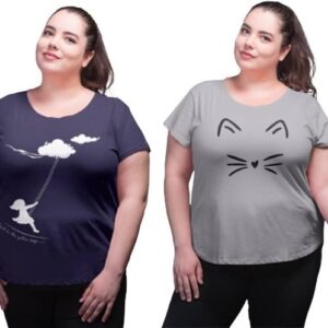 Pack of 2 Women Printed Round Neck Pure Cotton Grey, Navy Blue T-Shirt