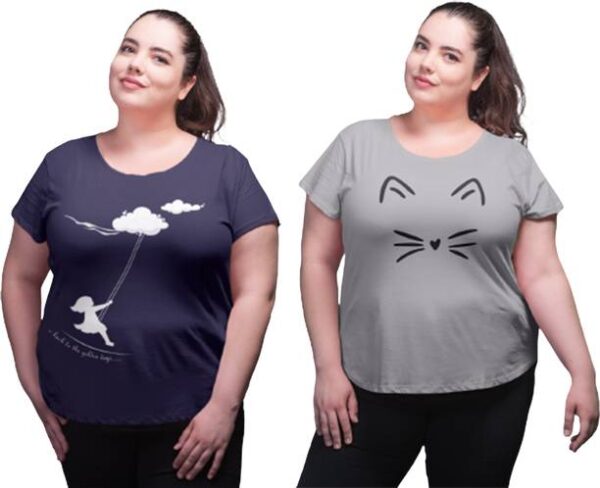 Pack of 2 Women Printed Round Neck Pure Cotton Grey, Navy Blue T-Shirt