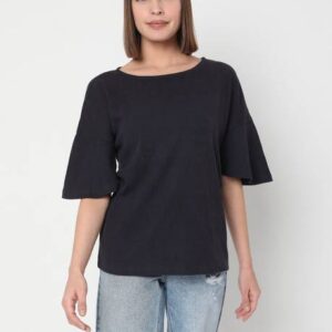 Women Solid Round Neck Cotton Blend Dark Blue T-Shirt
