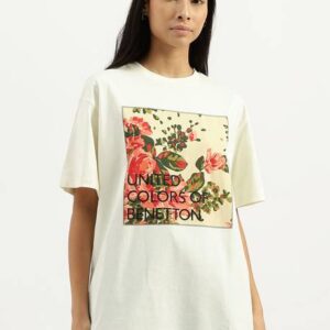 Women Floral Print Round Neck Pure Cotton White T-Shirt
