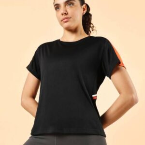 Women Colorblock Round Neck Polyester Black T-Shirt