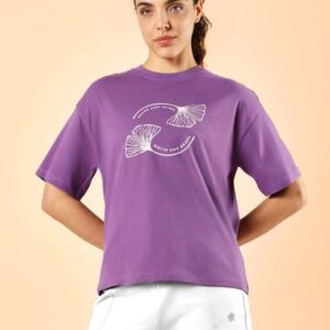 Women Graphic Print Round Neck Pure Cotton Purple T-Shi...