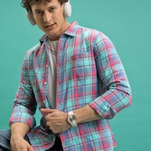Men Slim Fit Checkered Spread Collar Casual Shirt #18