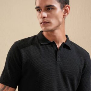 Men Self Design Polo Neck Cotton Blend Black T-Shirt