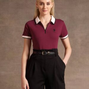 Women Solid Polo Neck Cotton Blend Red, Maroon T-Shirt