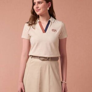 Women Self Design Polo Neck Cotton Blend White T-Shirt