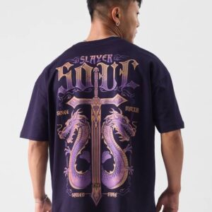 Men Graphic Print Round Neck Pure Cotton Purple T-Shirt