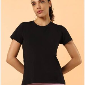 Women Self Design Round Neck Polyester Black T-Shirt