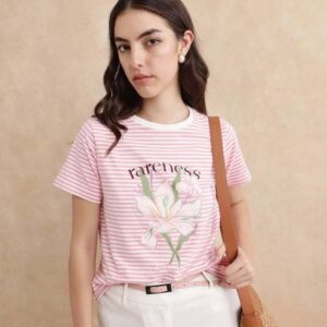 Women Graphic Print Crew Neck Cotton Blend Pink T-Shirt