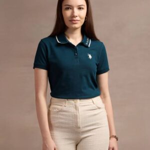 Women Solid Polo Neck Cotton Blend Blue T-Shirt