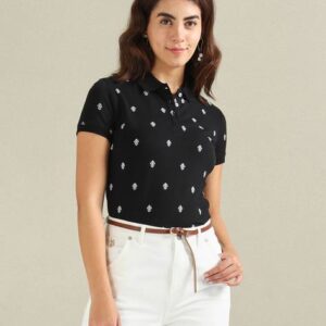 Women Printed Polo Neck Cotton Blend Black T-Shirt