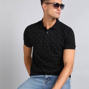 Printed Men Polo Neck Cotton Blend Black T-Shirt