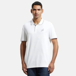 3911 Men Solid Polo Neck Cotton Blend White T-Shirt