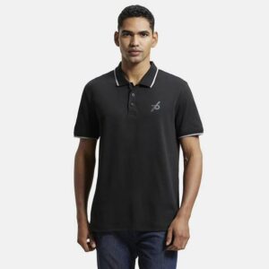 3911 Men Solid Polo Neck Cotton Blend Black T-Shirt