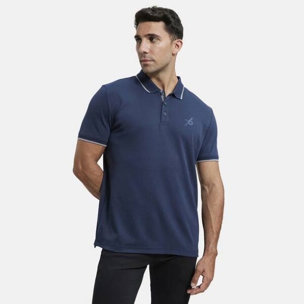 3911 Men Solid Polo Neck Cotton Blend Dark Blue T-Shirt