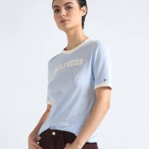 Women Solid Crew Neck Organic Cotton Blue T-Shirt