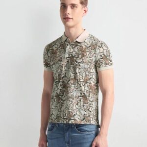 Men Printed Polo Neck Cotton Blend Beige T-Shirt