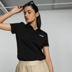 Women Solid Polo Neck Cotton Blend Black T-Shirt