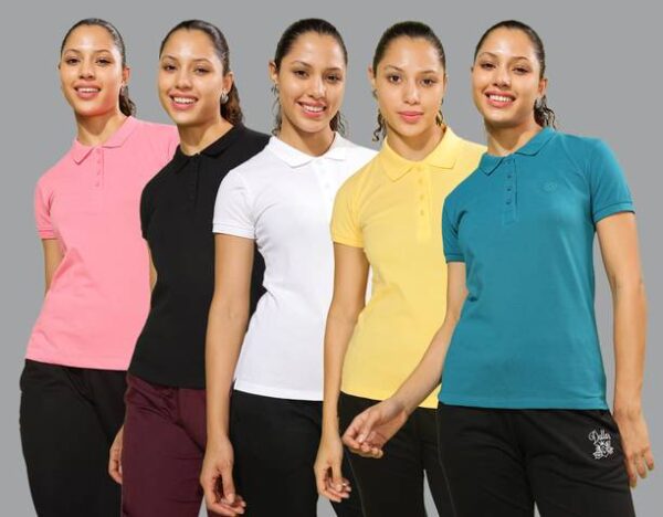 Pack of 5 Women Solid Polo Neck Cotton Blend Multicolor T-Shirt