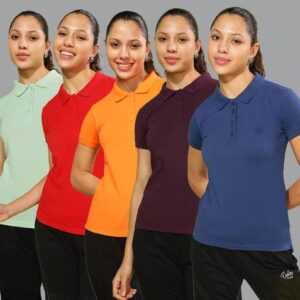 Pack of 5 Women Solid Polo Neck Cotton Blend Multicolor T-Shirt