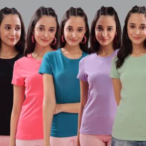 Pack of 5 Women Solid Crew Neck Cotton Blend Multicolor T-Shirt
