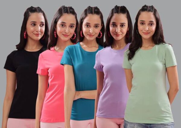Pack of 5 Women Solid Crew Neck Cotton Blend Multicolor T-Shirt