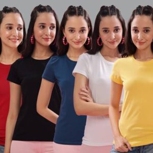 Pack of 5 Women Solid Crew Neck Cotton Blend Multicolor T-Shirt