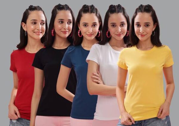 Pack of 5 Women Solid Crew Neck Cotton Blend Multicolor T-Shirt #1