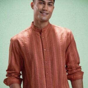 Men Relaxed Fit Fit Striped Mandarin Collar Casual Shir...