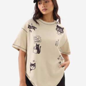 Women Graphic Print Round Neck Pure Cotton Beige T-Shirt