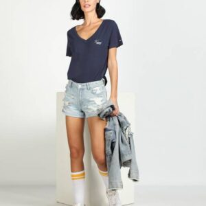 TJW CHEST SIGN OFF V-NECK TEE Women Solid V Neck Pure Cotton Blue T-Shirt