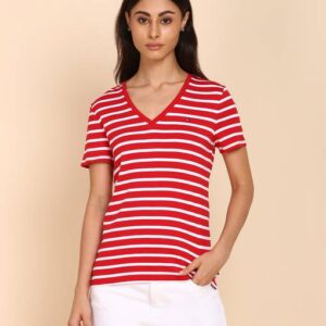 Women Striped V Neck Organic Cotton Blue T-Shirt