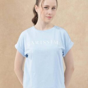 Women Graphic Print Crew Neck Cotton Blend Blue T-Shirt