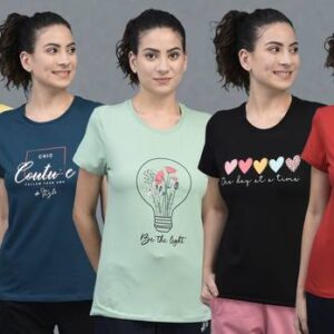 Pack of 5 Women Printed Crew Neck Cotton Blend Multicolor T-Shirt