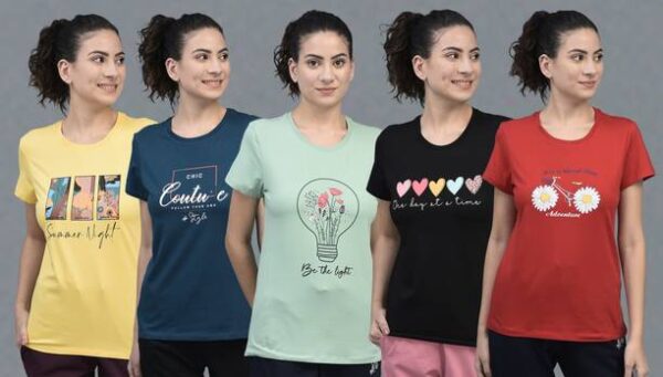 Pack of 5 Women Printed Crew Neck Cotton Blend Multicolor T-Shirt