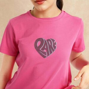 Women Graphic Print Crew Neck Cotton Blend Pink T-Shirt