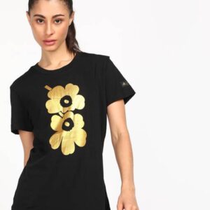 Women Printed Round Neck Cotton Blend Black T-Shirt #9