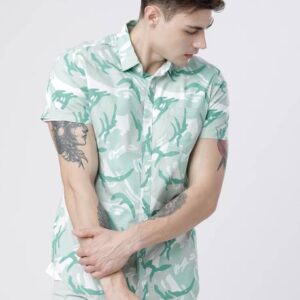 Men Slim Fit Printed Cut Away Collar Casual Shirt #7