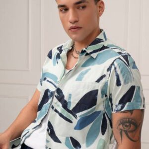 Men Slim Fit Printed Cut Away Collar Casual Shirt #24