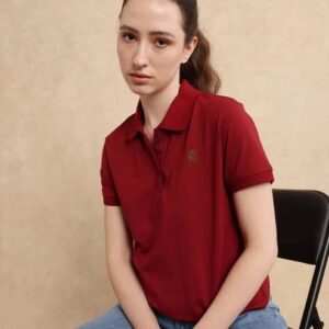 Women Solid Polo Neck Cotton Blend Maroon T-Shirt